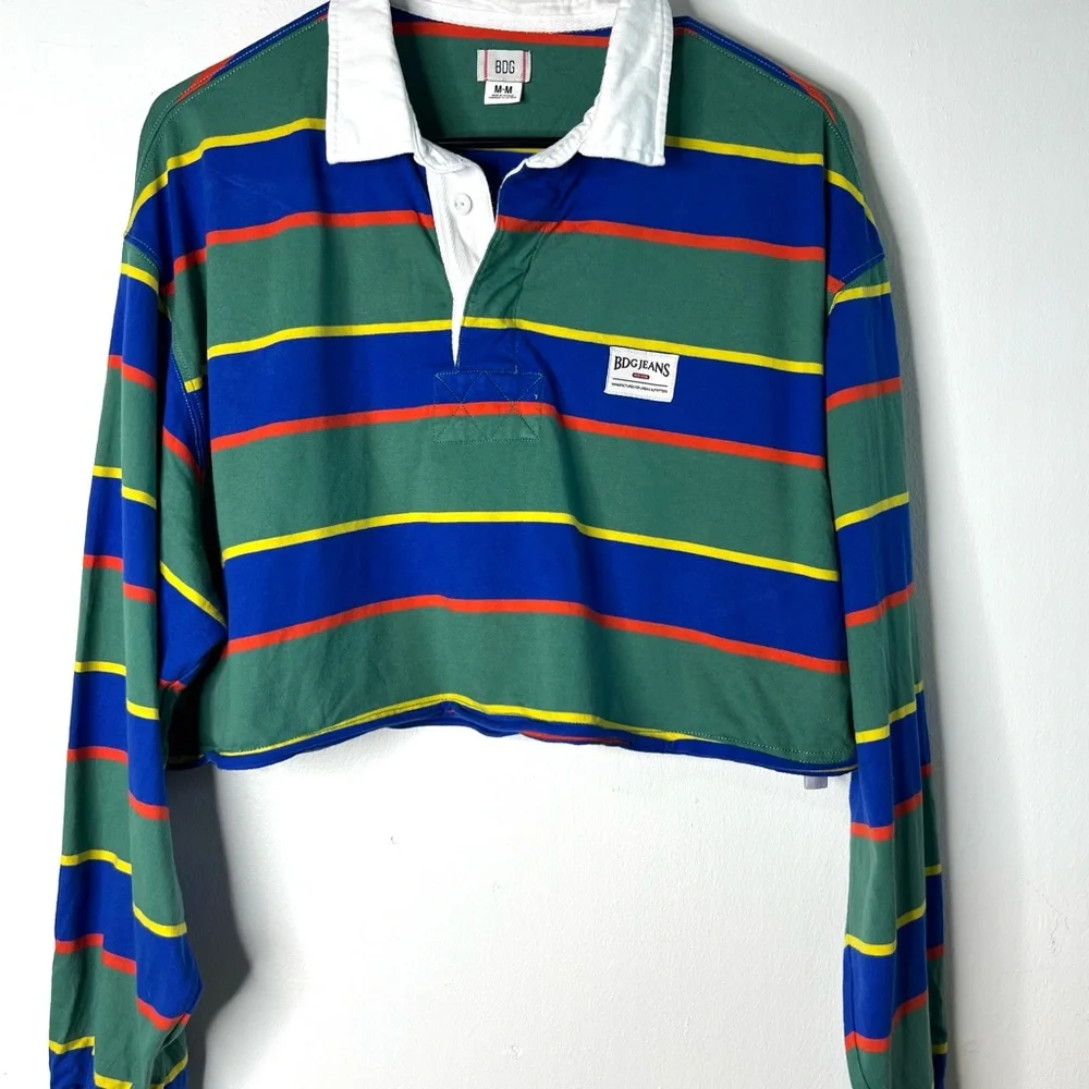 Urban Outfitters BDG Jeans Cropped Rugby Shirt - Green & Royal Stripe SZ M EUC - Picture 2 of 8